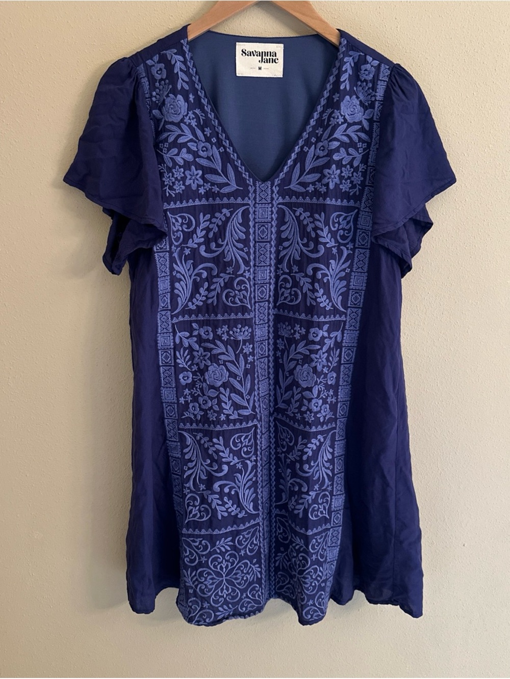 Savanna Jane Charlotte Shift Dress Blue Embroidered Floral Boho Bohemian Mini M
